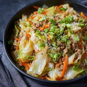 Delicious Egg Roll in a Bowl with veggies and protein mixed in a savory sauce