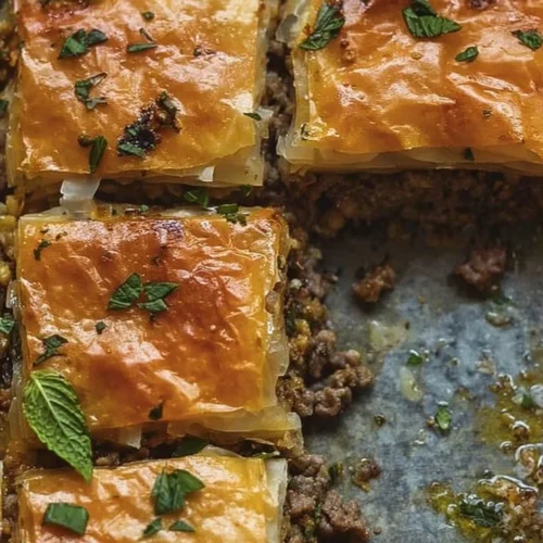 Egyptian beef goulash phyllo beef pie topped with herbs and spices