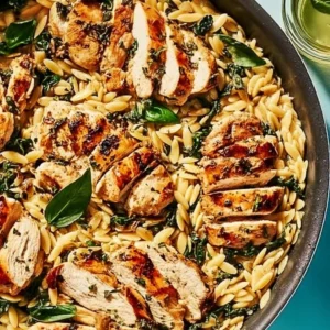 Delicious Mediterranean Chicken Orzo dish with fresh vegetables and chicken