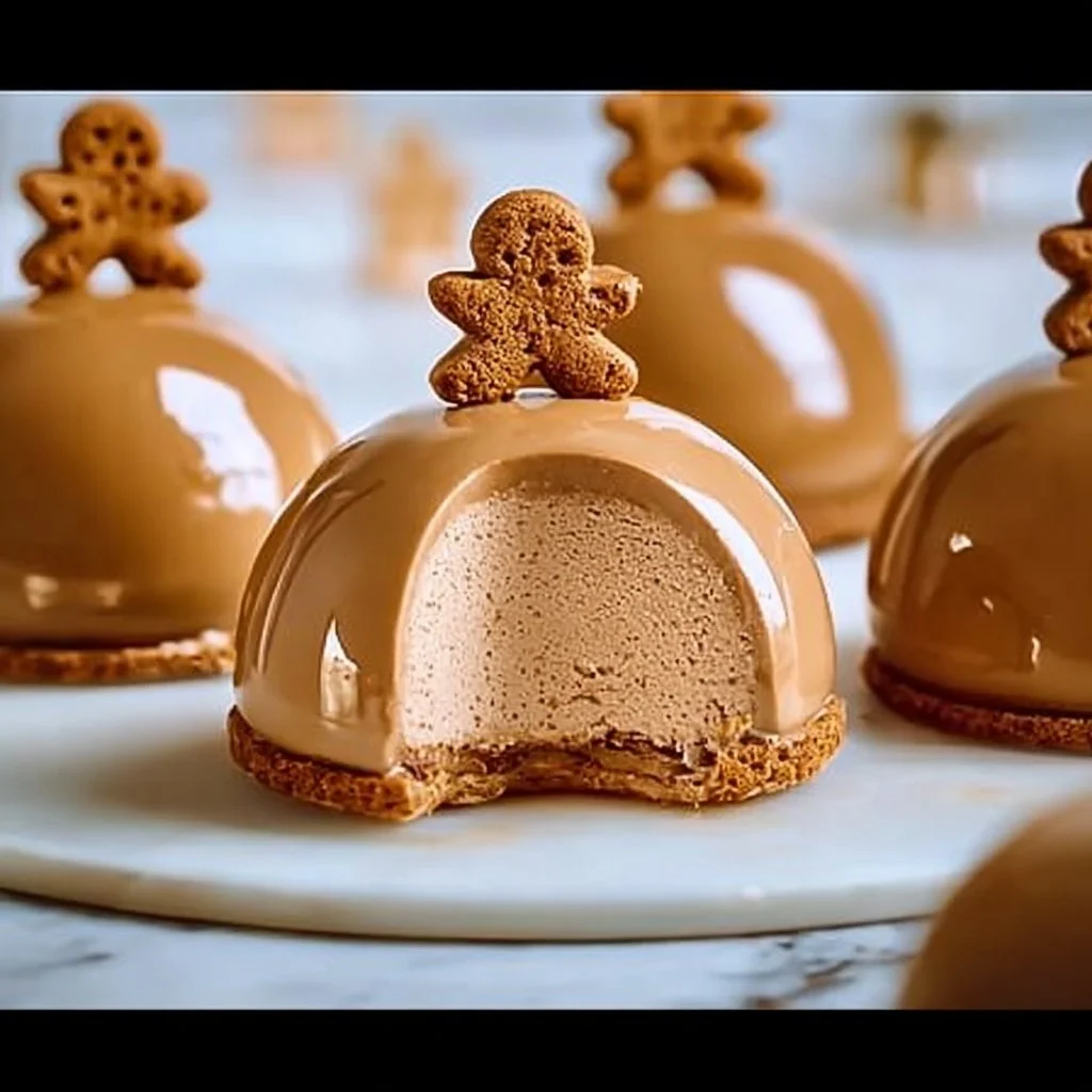 Gingerbread Latte Mousse Domes with festive decorations
