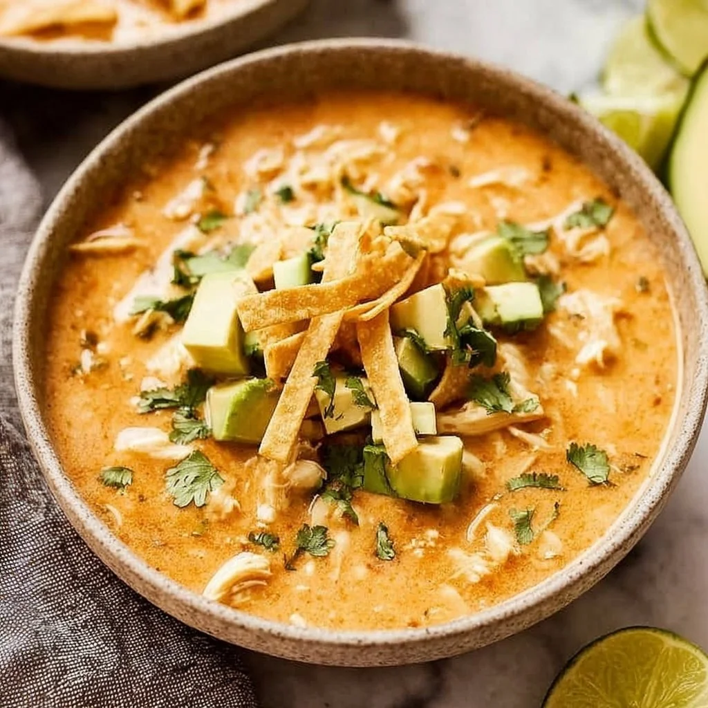 Healthy high protein white chicken chili in a bowl with toppings