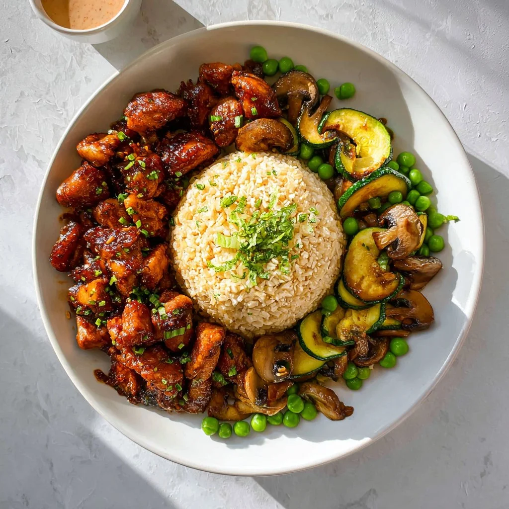 Deliciously grilled hibachi chicken served with vegetables and rice