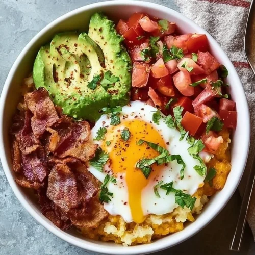 A colorful high protein breakfast bowl filled with fruits, nuts, and yogurt.