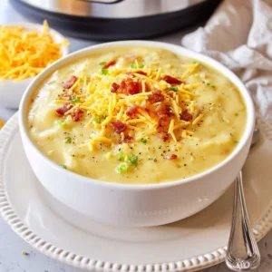 Bowl of creamy Instant Pot broccoli cheddar soup garnished with cheese and herbs