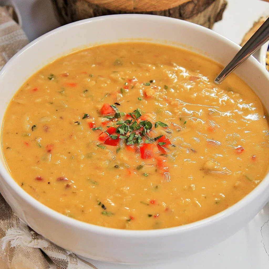 Bowl of Instant Pot coconut curry soup with fresh herbs and vegetables