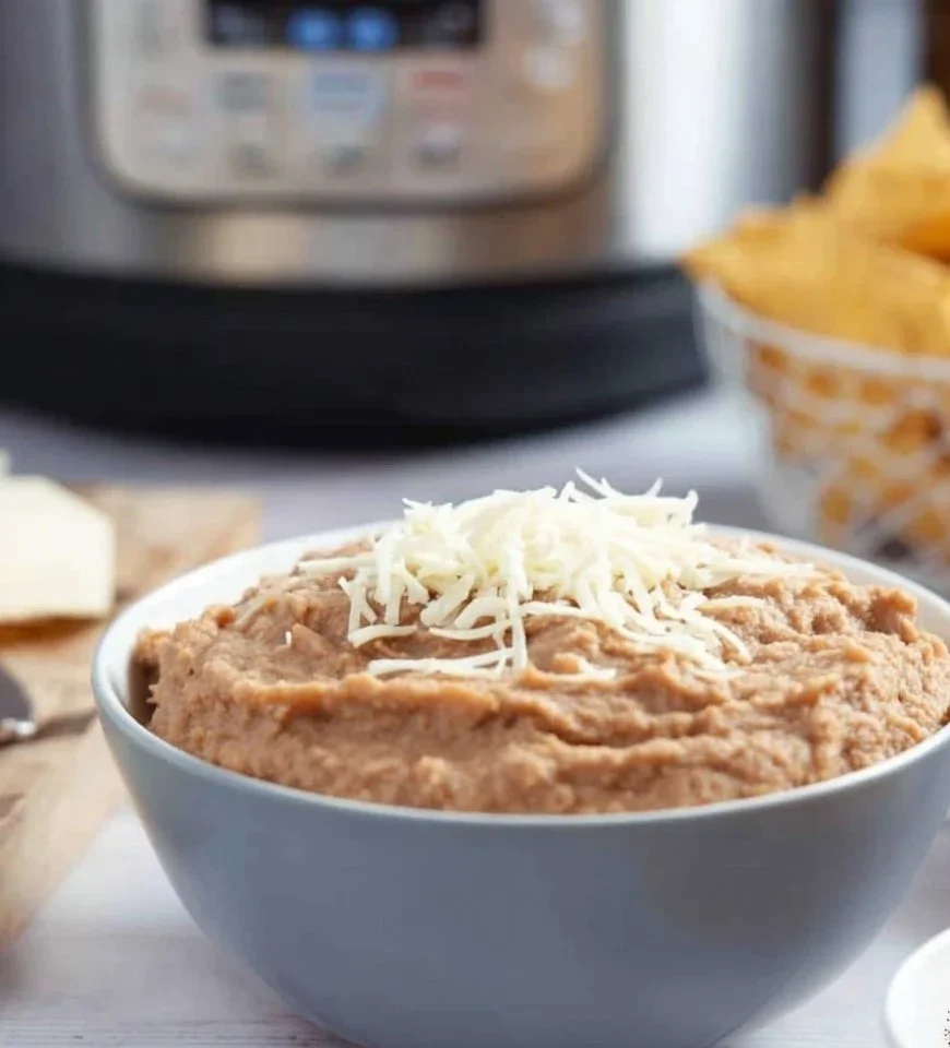 Bowl of creamy Instant Pot refried beans topped with cilantro