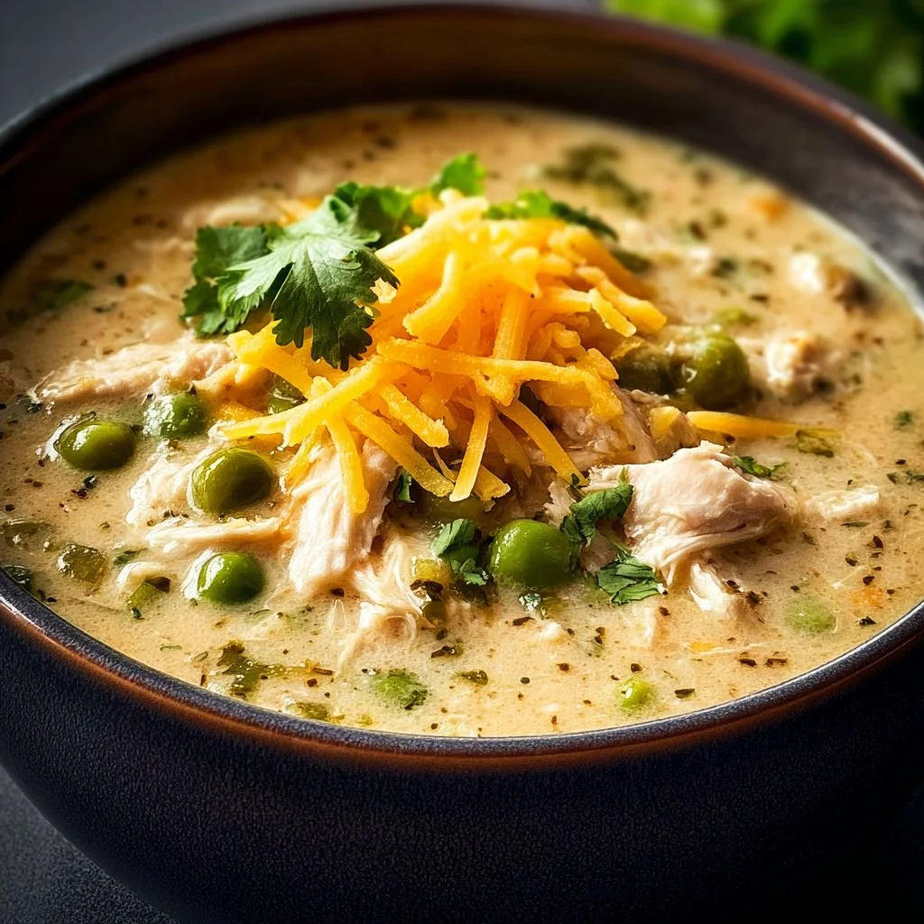 Bowl of Keto White Chicken Chili topped with cilantro and avocado
