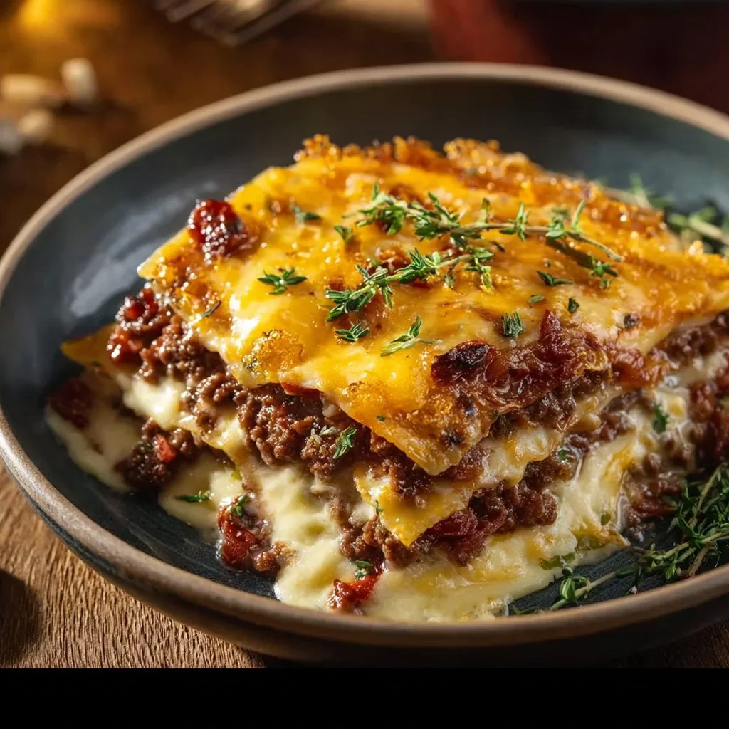 Low-carb turkey bacon cheeseburger casserole topped with melted cheese and crispy turkey bacon.