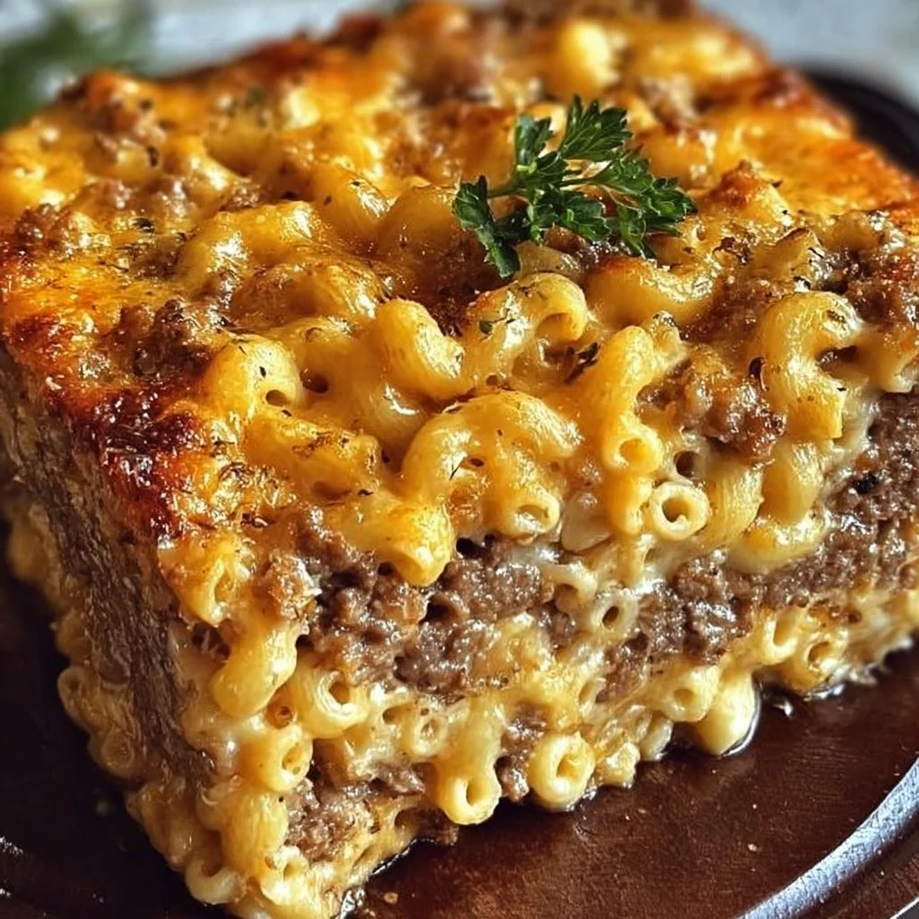 Delicious Mac and Cheese Meatloaf Casserole in a baking dish