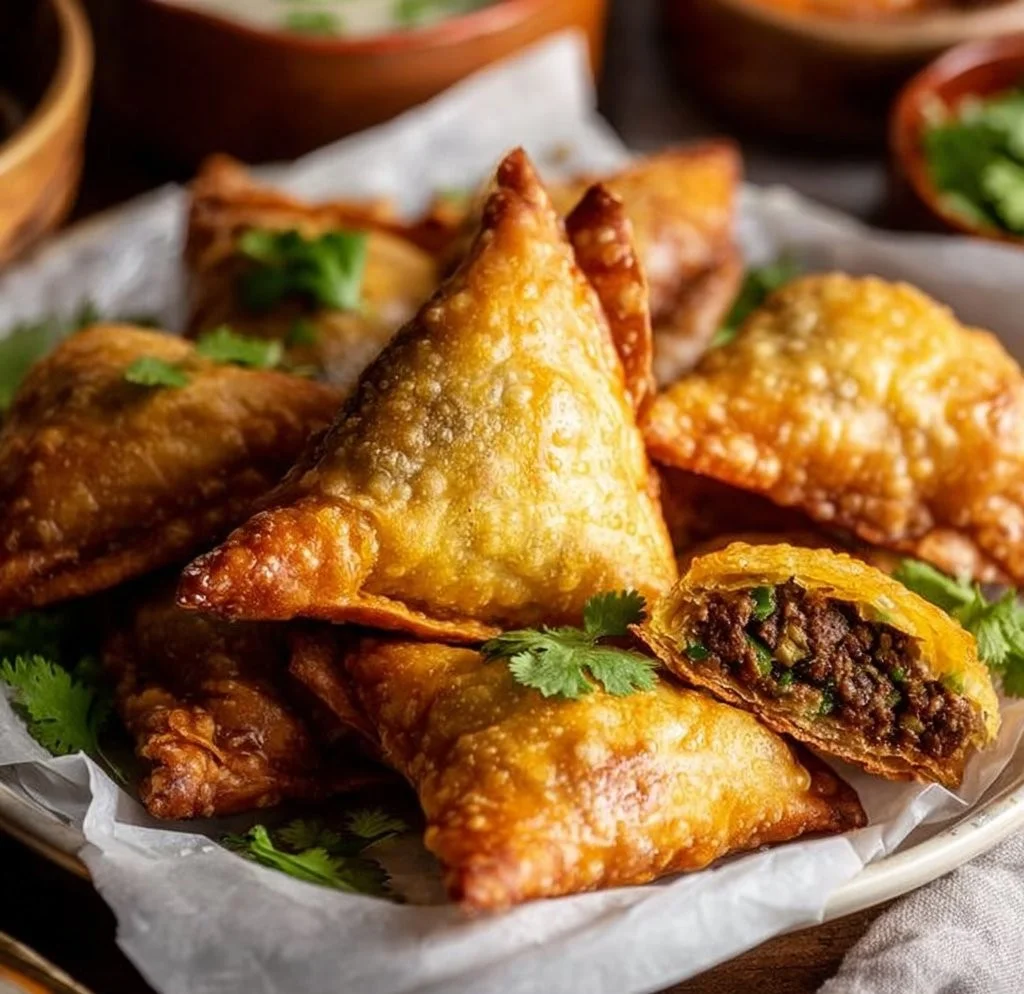 Delicious meat samosa with crispy golden crust and flavorful spiced filling