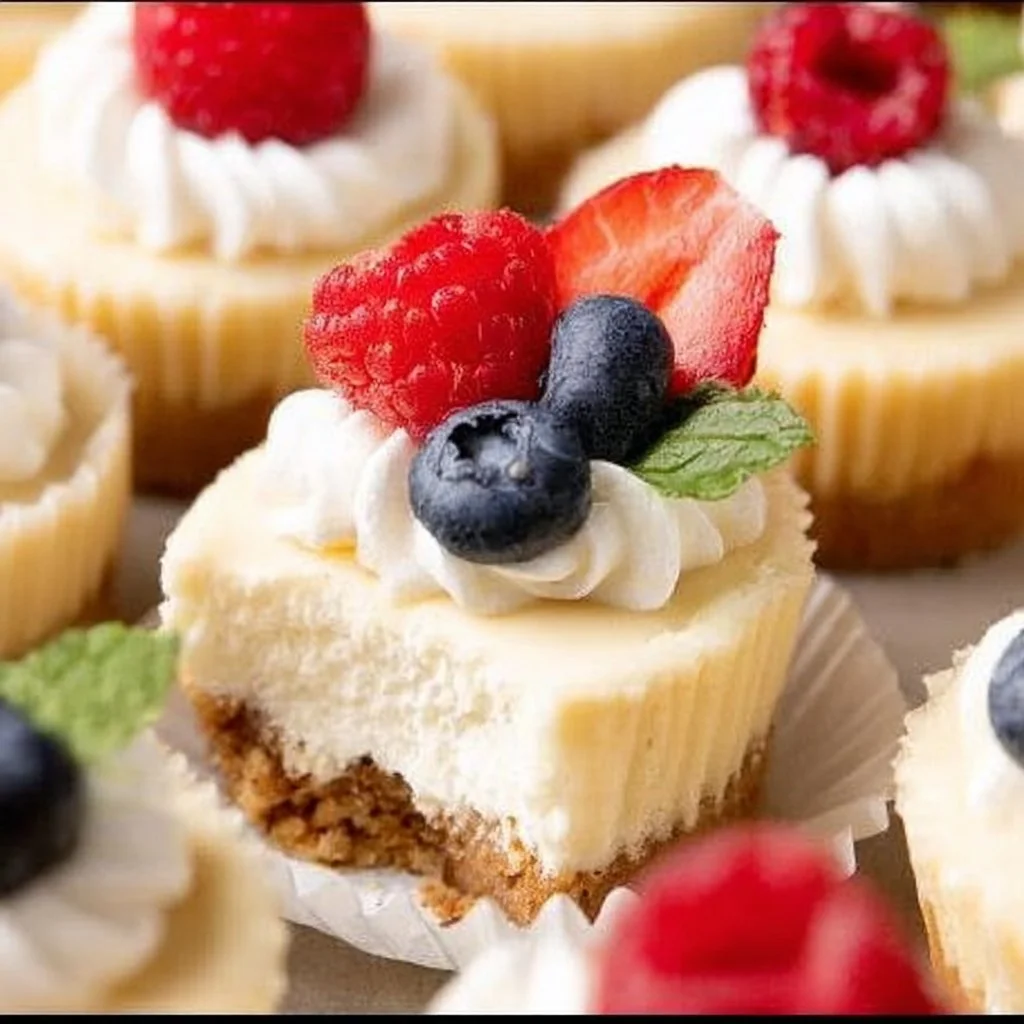 Mini cheesecakes displayed on a plate, perfect for dessert lovers