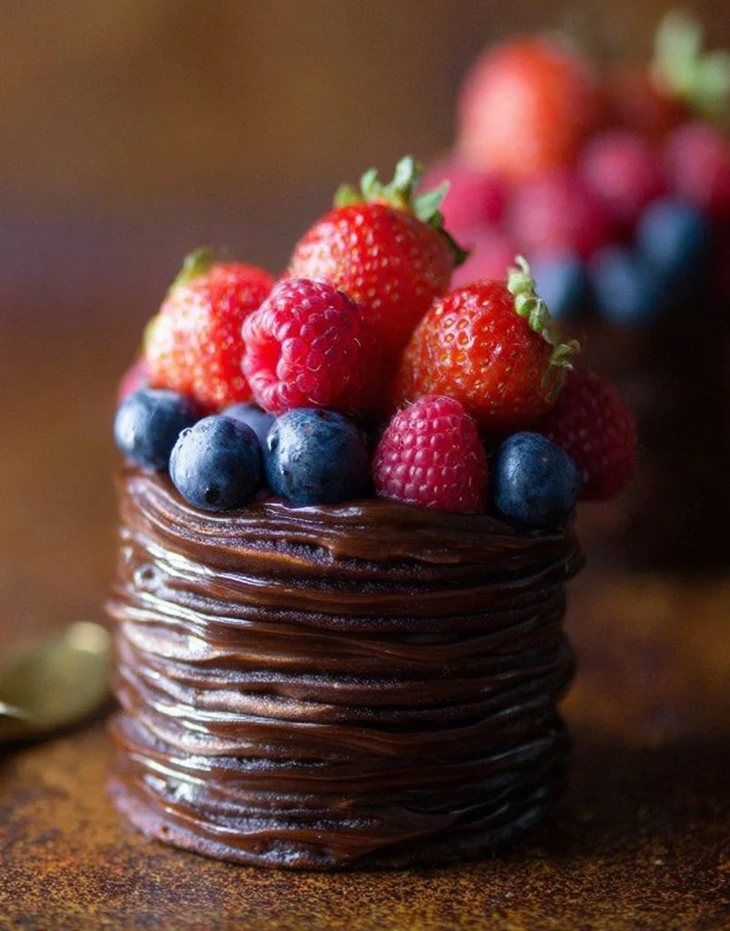 Mini Double Chocolate Berry Cakes topped with fresh berries and chocolate drizzle