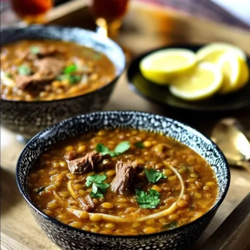 Delicious bowl of Moroccan Harira Soup with rich ingredients and spices.