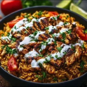 One Pot Chicken Shawarma Rice served in a bowl with fresh herbs and spices