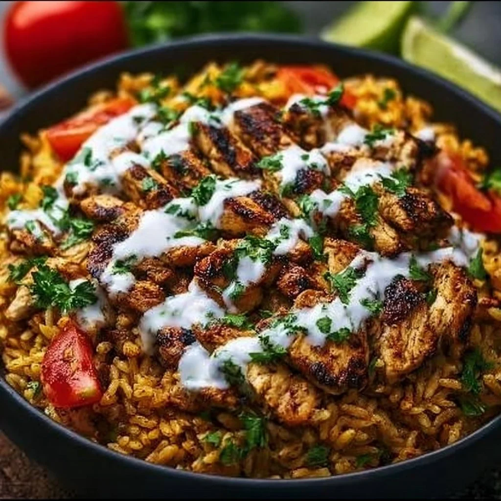 One Pot Chicken Shawarma Rice served in a bowl with fresh herbs and spices