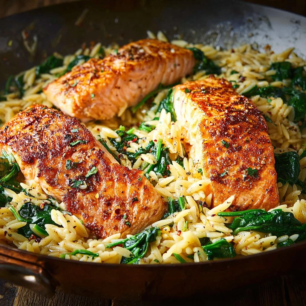 One skillet salmon served with lemon orzo