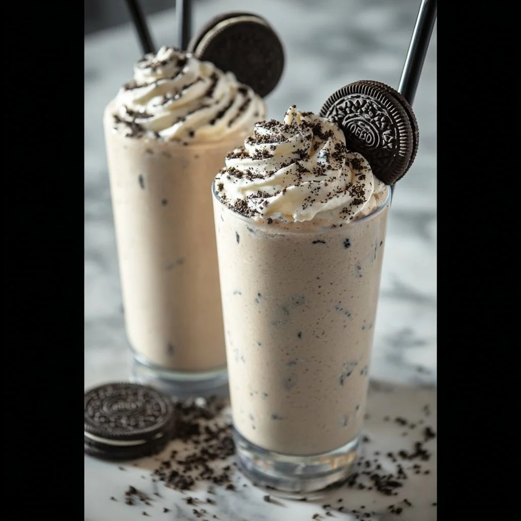 Delicious homemade Oreo Milkshake topped with crushed Oreos and whipped cream