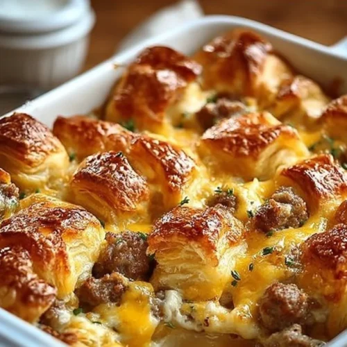 Delicious Overnight Croissant Breakfast Casserole ready to serve.