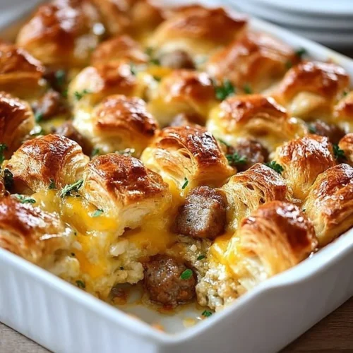 Delicious overnight croissant breakfast casserole baked to perfection