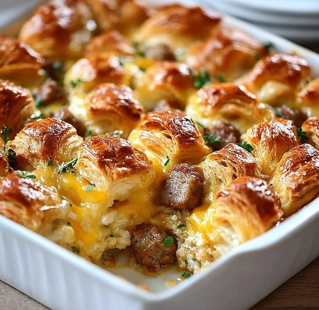Delicious overnight croissant breakfast casserole baked to perfection