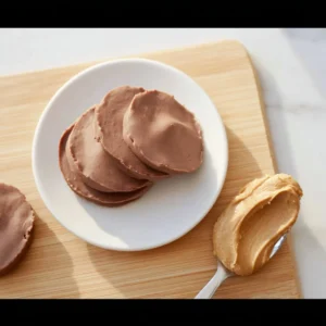 Healthy peanut butter protein fudge recipe with ingredients and preparation.
