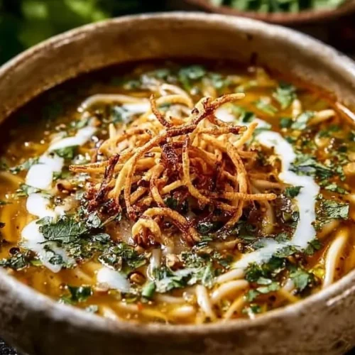 A bowl of Persian noodle soup (Ash Reshteh) topped with herbs and legumes