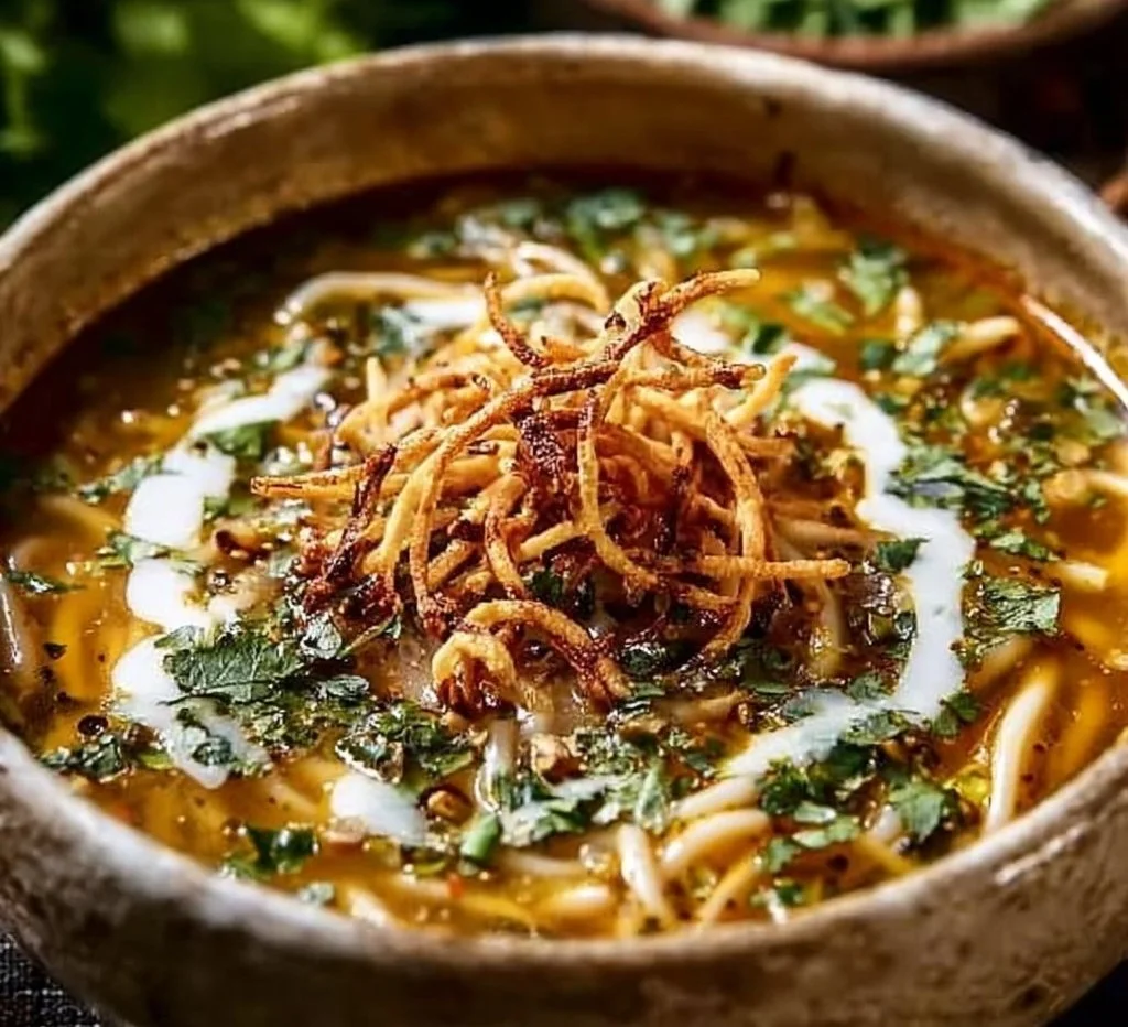 A bowl of Persian noodle soup (Ash Reshteh) topped with herbs and legumes