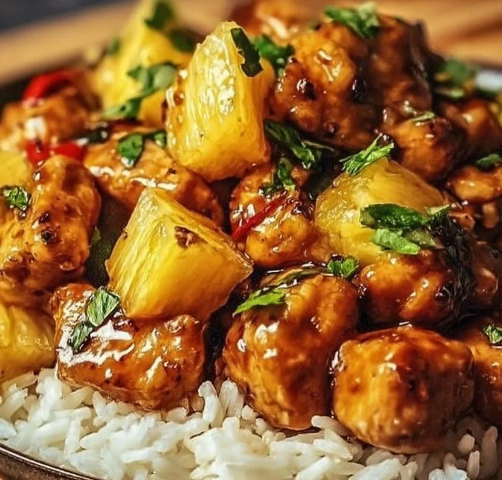 Pineapple Chicken and Rice dish garnished with fresh herbs