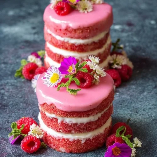 Pink Ombre Rhubarb Mini Cakes decorated with a beautiful gradient icing.
