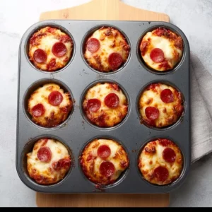 Delicious homemade Pizza Muffins topped with cheese and beef pepperoni
