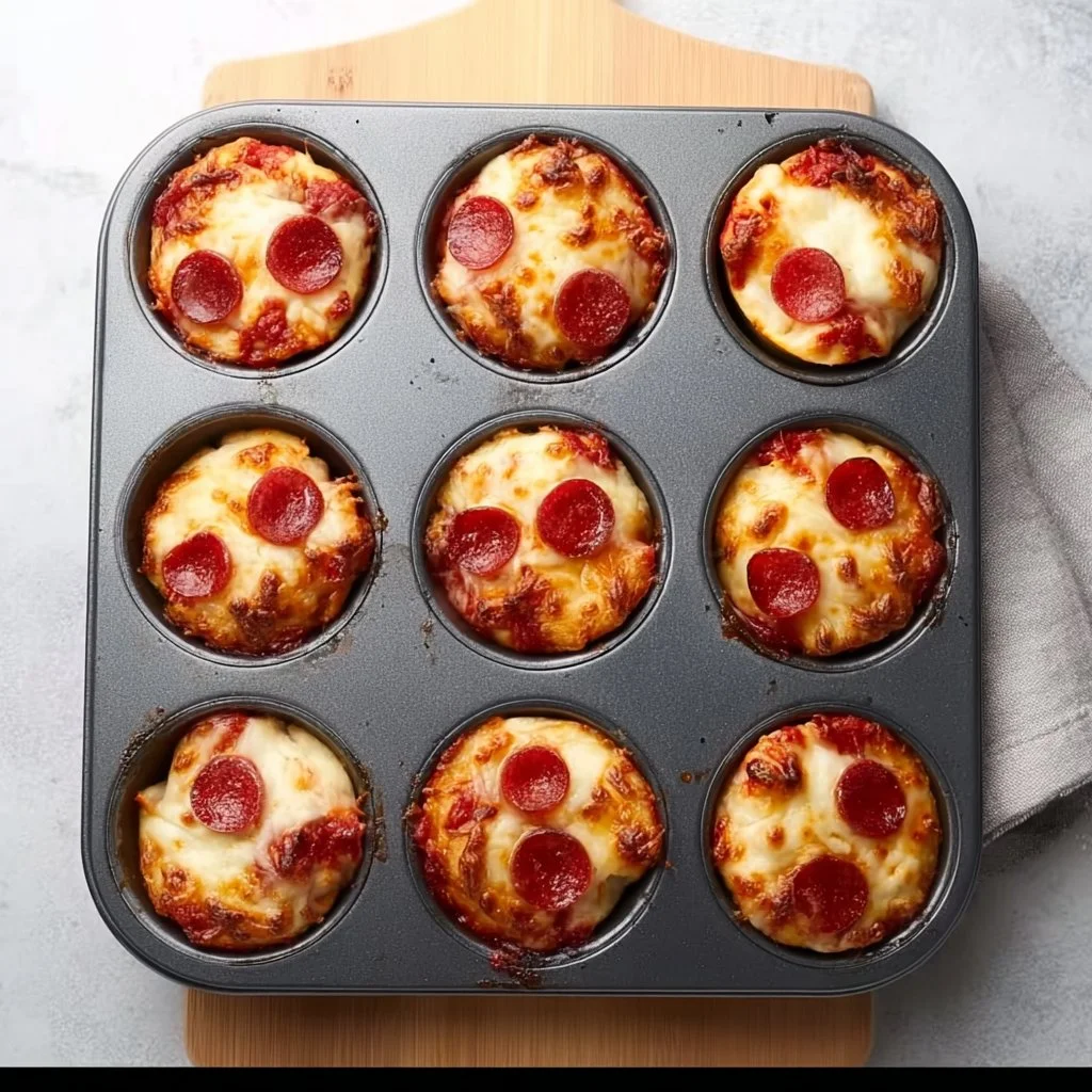Delicious homemade Pizza Muffins topped with cheese and beef pepperoni