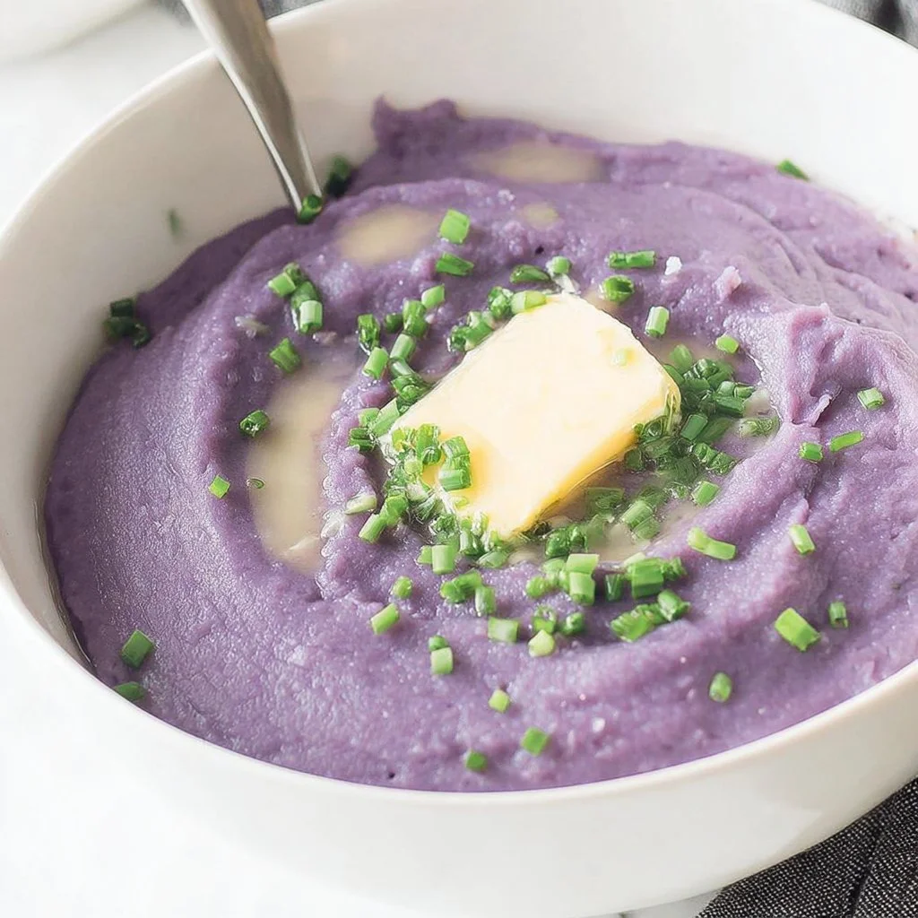 Purple cauliflower puree served in a bowl, showcasing its vibrant color and smooth texture.