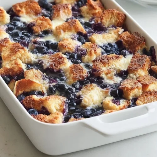 Quick Blueberry French Toast Casserole topped with fresh blueberries and syrup.