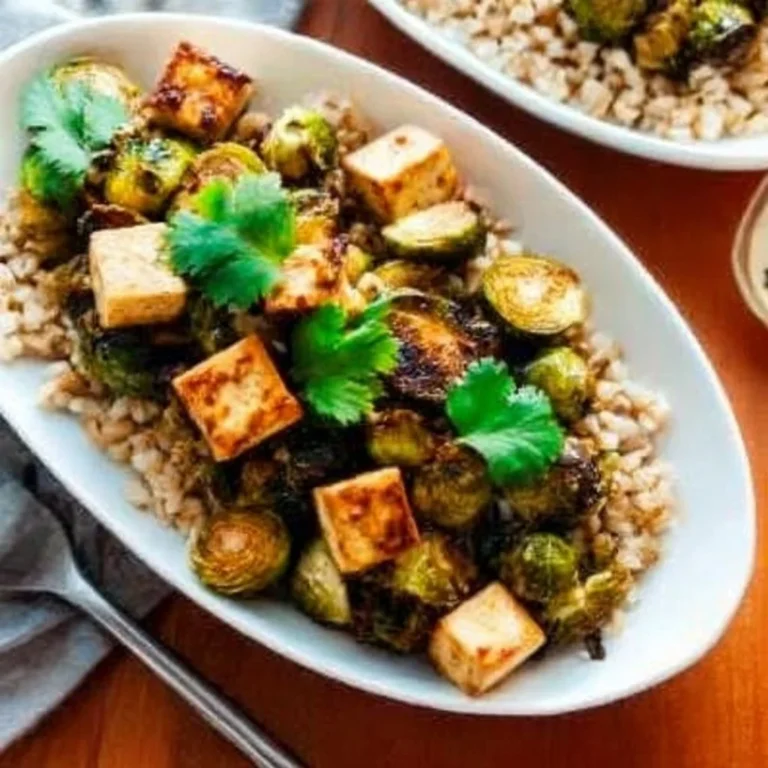 Roasted Brussels Sprouts and Crispy Baked Tofu with Honey-Sesame Glaze