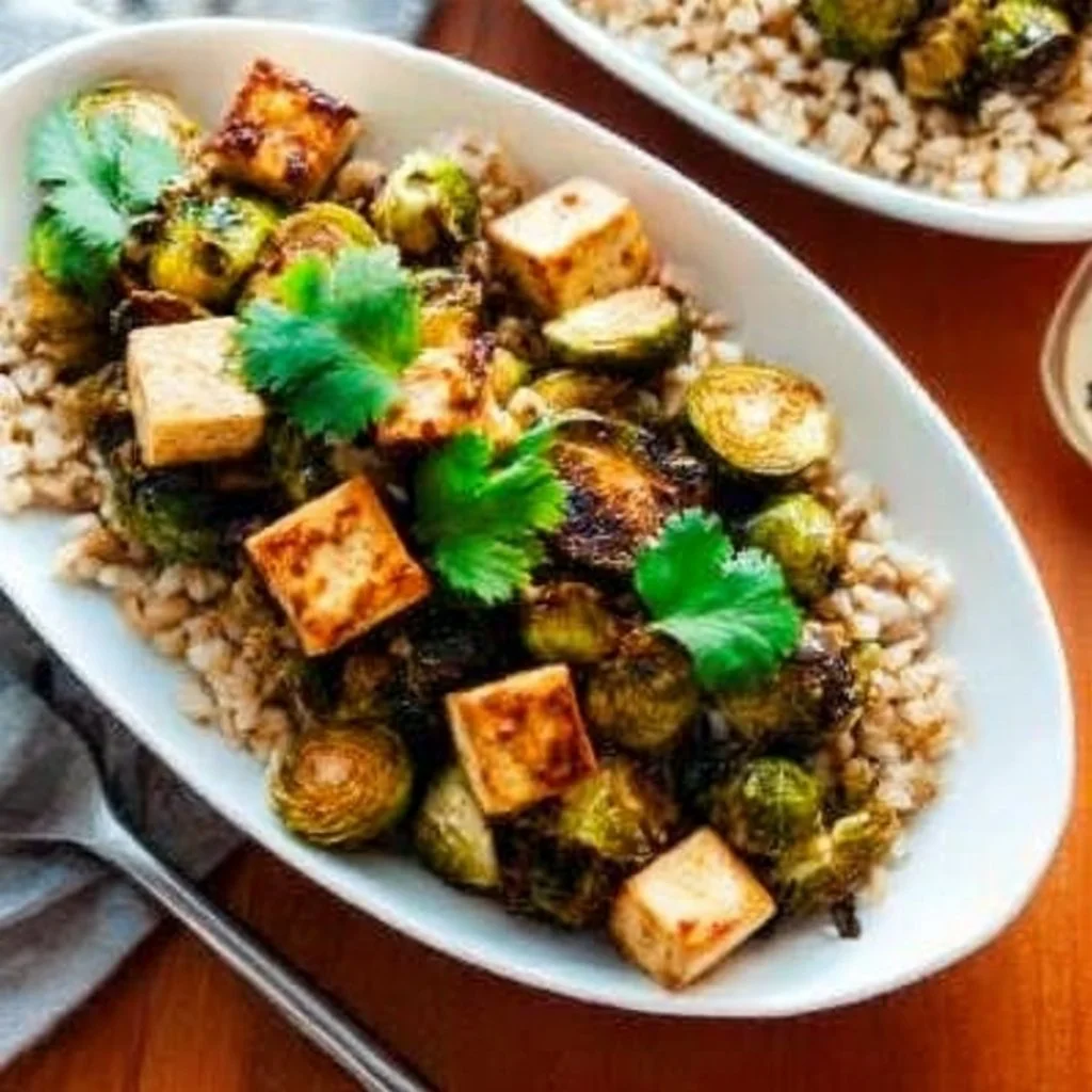 Plate of roasted Brussels sprouts and crispy baked tofu with honey-sesame glaze