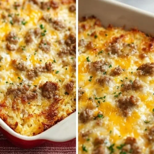 Delicious Sausage Hash Brown Casserole served for breakfast