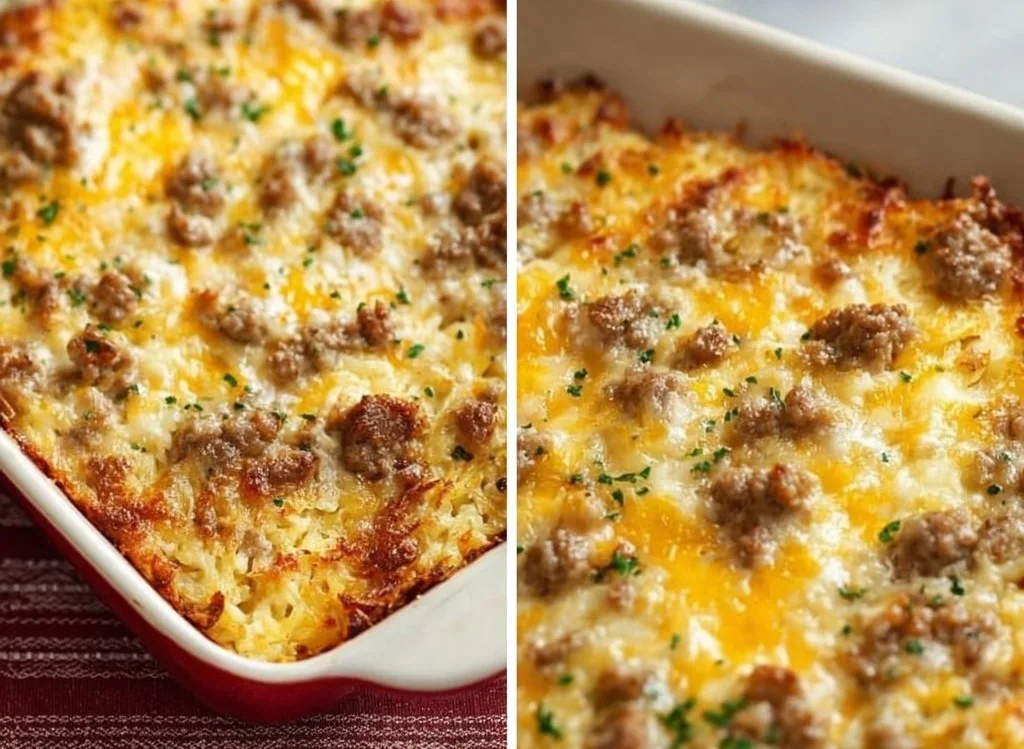 Delicious Sausage Hash Brown Casserole served for breakfast