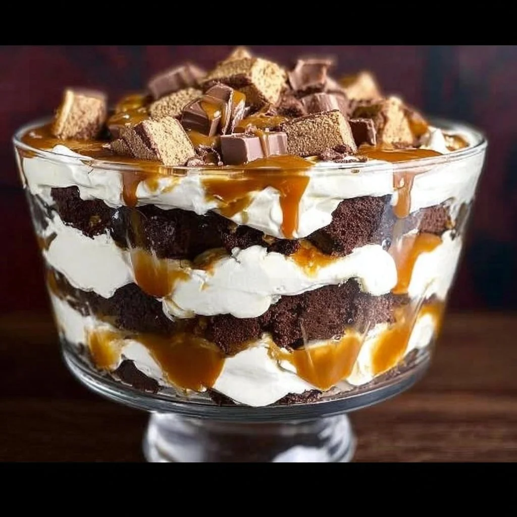 Delicious Heaven Trifle dessert layered with cream, fruits, and cake.