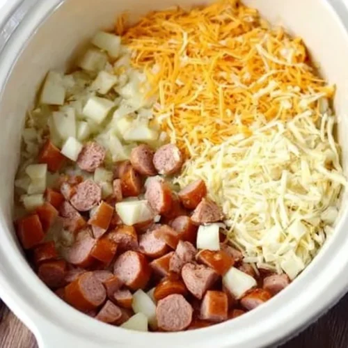 Slow cooker sausage and potato casserole dish topped with herbs