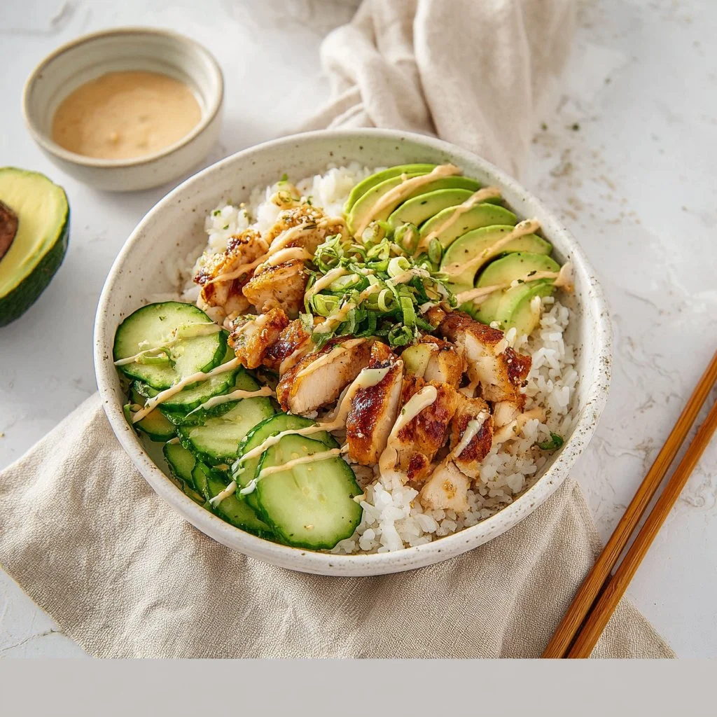 Spicy salmon bowl with coconut rice garnished with fresh vegetables and herbs