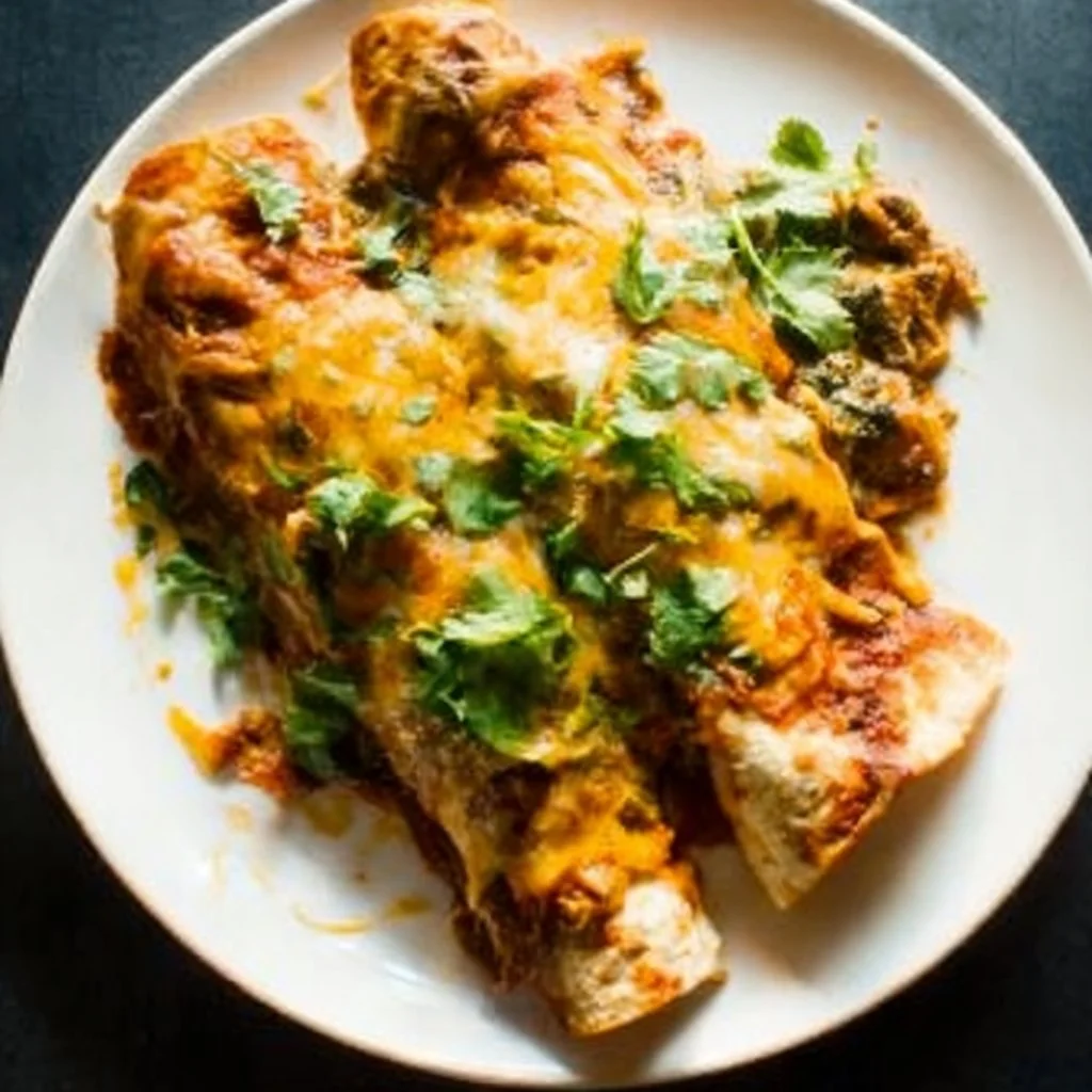 Plate of spinach artichoke enchiladas topped with cheese and herbs
