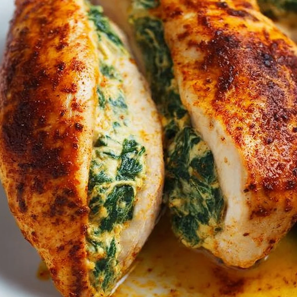 Spinach stuffed chicken breasts served on a plate with vegetables