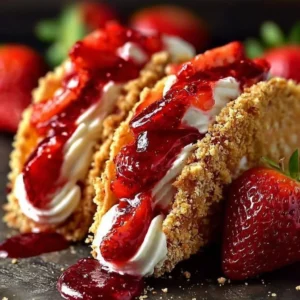 Strawberry crunch cheesecake tacos on a plate, garnished with fresh strawberries.