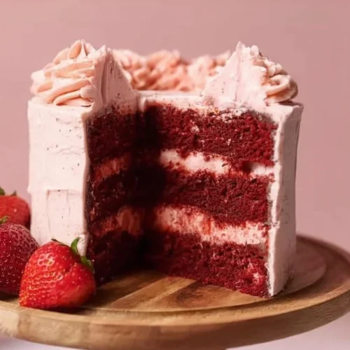 Beautiful Strawberry Red Velvet Cake topped with fresh strawberries and creamy frosting