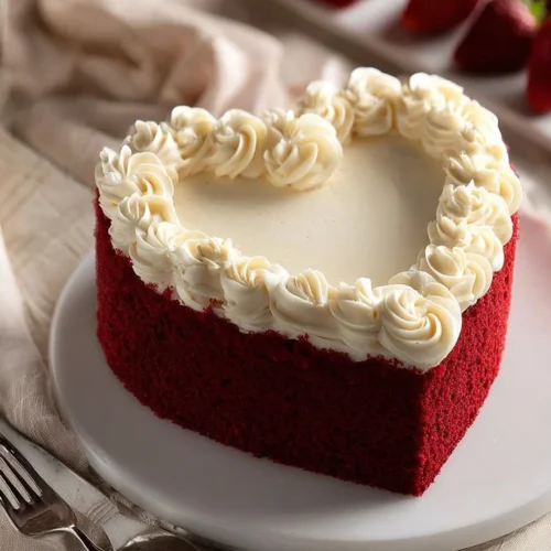 Strawberry Red Velvet Heart Cake topped with fresh strawberries
