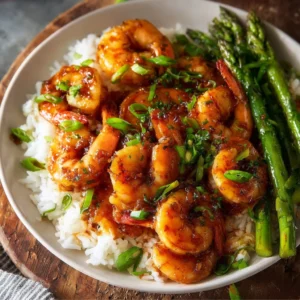Plate of Sweet Chili Shrimp with Asparagus garnished with herbs