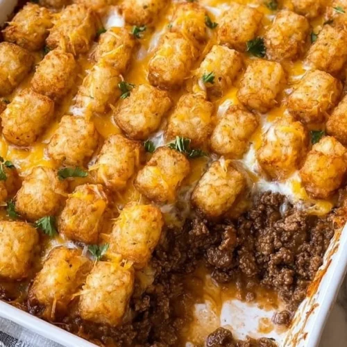 Tater tot casserole with ground beef topped with crispy tater tots