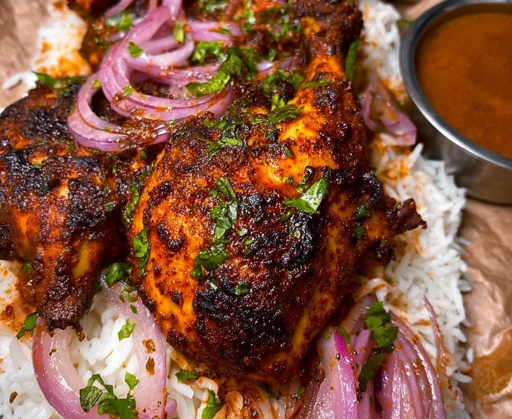 Marinated baked chicken ready to serve with herbs and spices