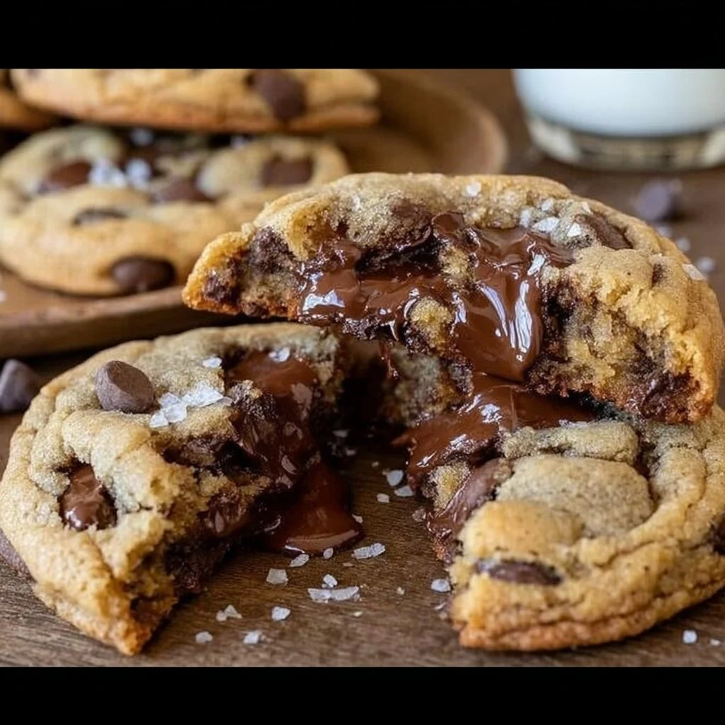 Ultra thick chocolate chip cookies with crispy edges and gooey centers loaded with chocolate