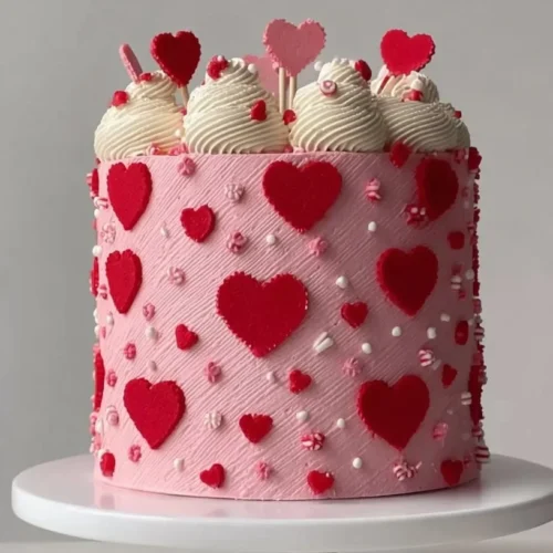 Beautiful Valentine's Day Cake decorated with heart-shaped designs and flowers.
